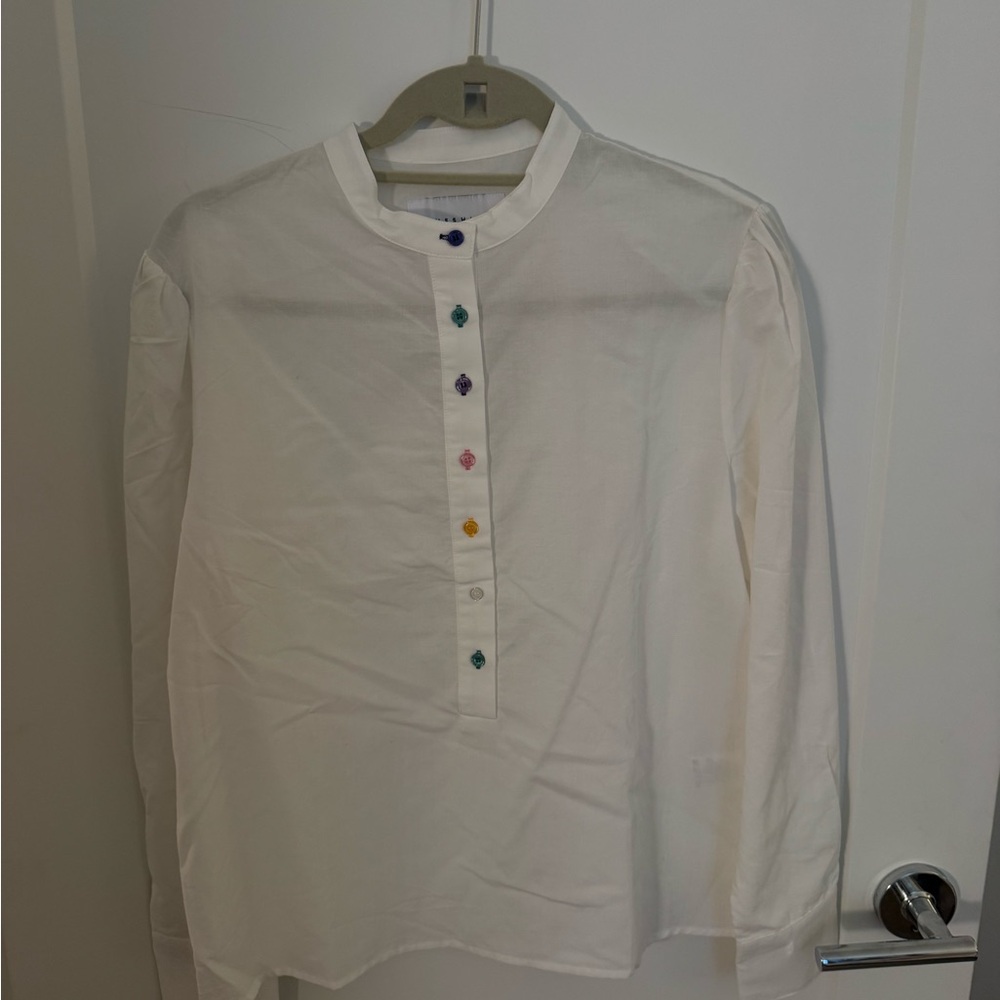 The Shirt by Rochelle Behrens White Blouse with Colorful Buttons